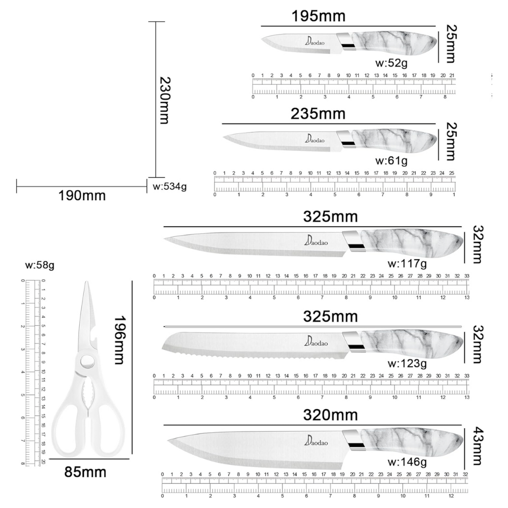 Set de Cuțite pentru Bucătărie Koken, 6 Piese din Oțel Inoxidabil cu Suport Acrilic Transparent, Cuțite Ultra-Ascuțite cu Design Marmorat și Mânere Ergonomice, Alb - 1 | YEO