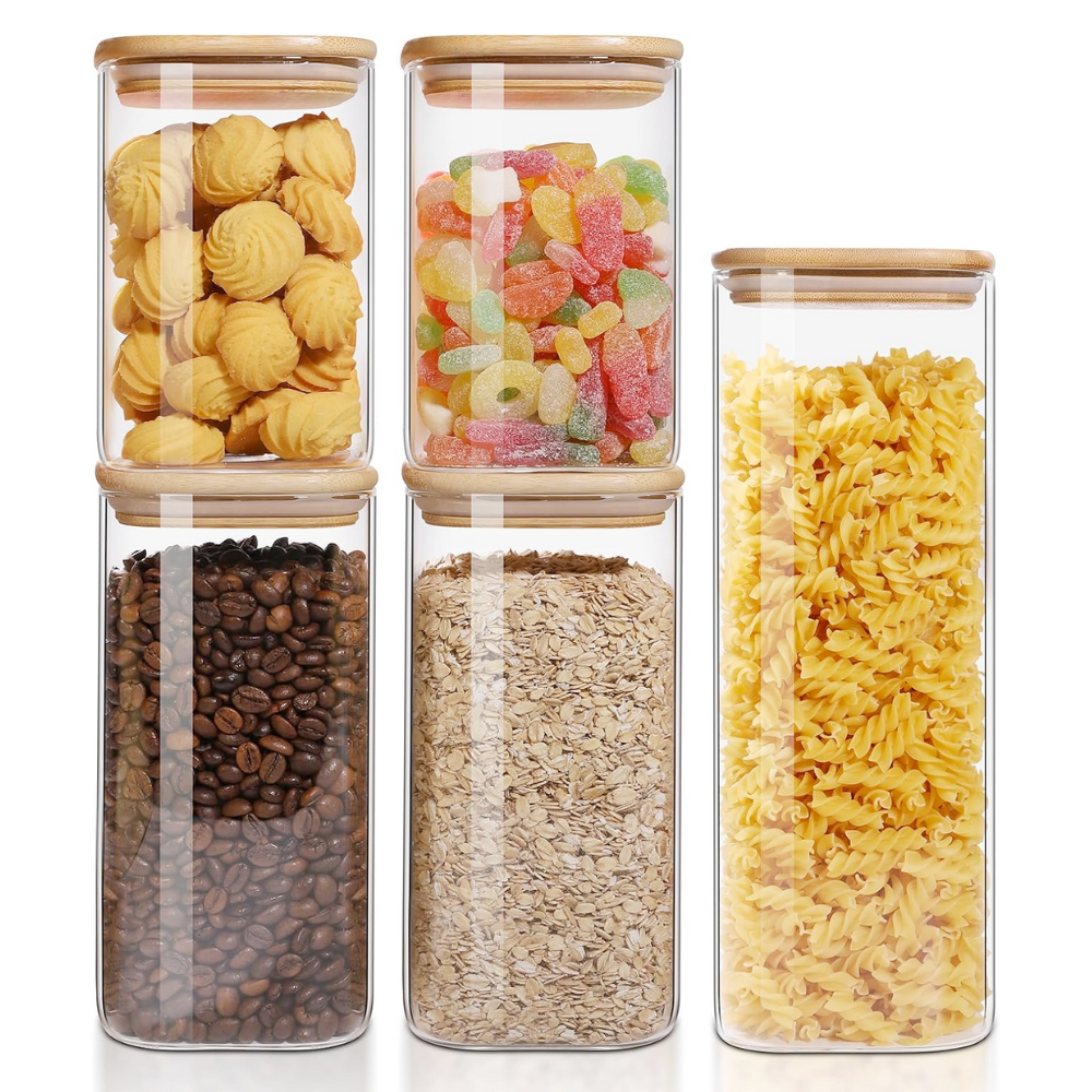 Set of 8/6/5 Square Borosilicate Glass Containers with Airtight Bamboo Lids Koken, for Dry Food and Grain Storage,