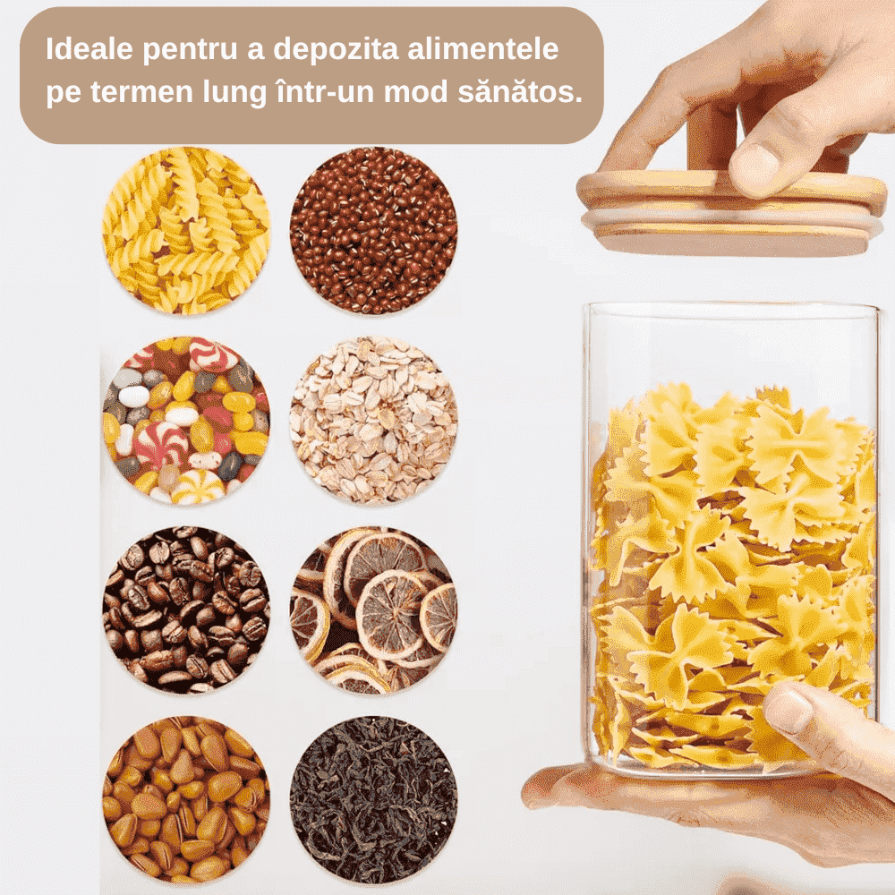 Recipient depozitare alimente, borcan de sticla cu capac etans de 1, 2 L, Koken cutie depozitare alimentara, Forma Patrata, Sticla Borosilicata/Capac Bambus, Transparent + Autocolante si markere - 5 | YEO