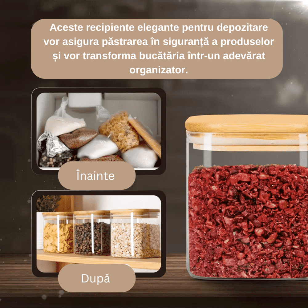 Recipient depozitare alimente, borcan de sticla cu capac etans de 0, 8L, Koken cutie depozitare alimentara, Forma Patrata, Sticla Borosilicata/Capac Bambus, Transparent + Autocolante si markere