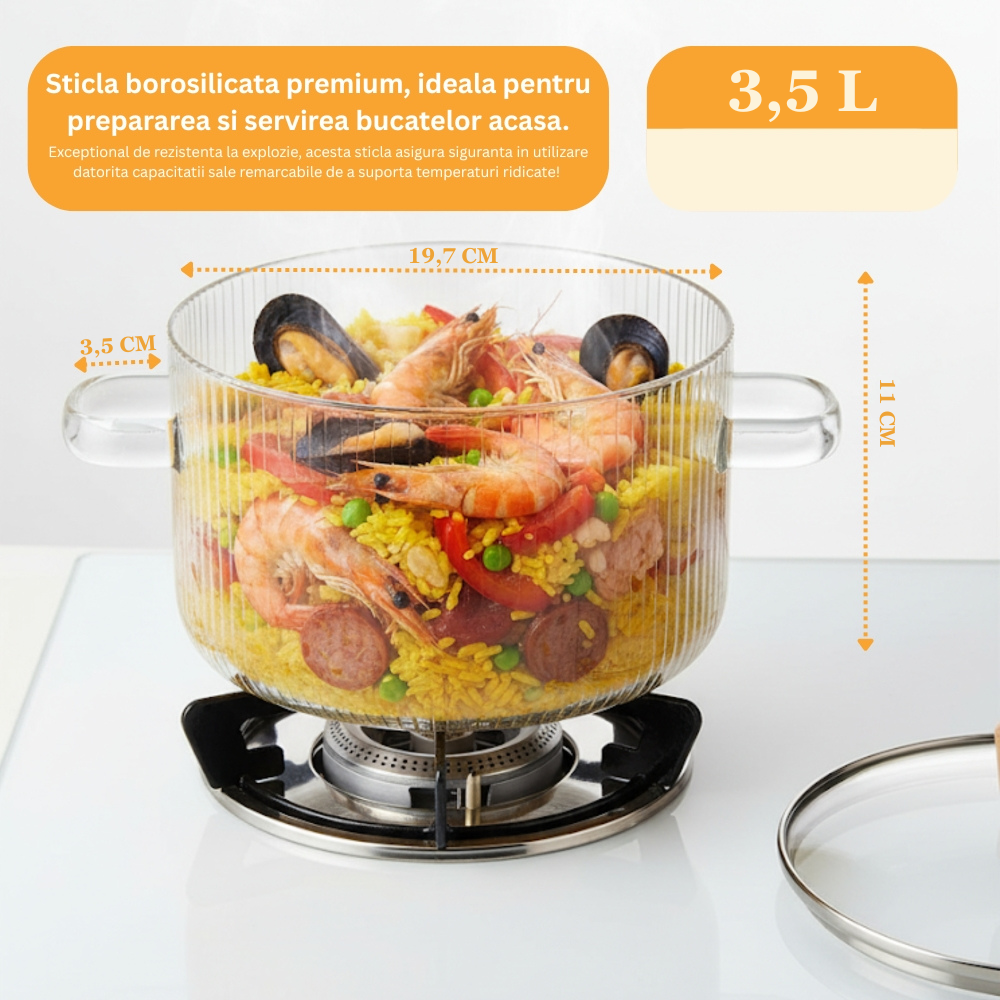 Oala din sticla borosilicata 3,5 L pentru aragaz, cu capac si manere Koken, Rezistenta termica 130 °C, Cratita Durabila, Sticla Transparenta/Lemn - 1 | YEO