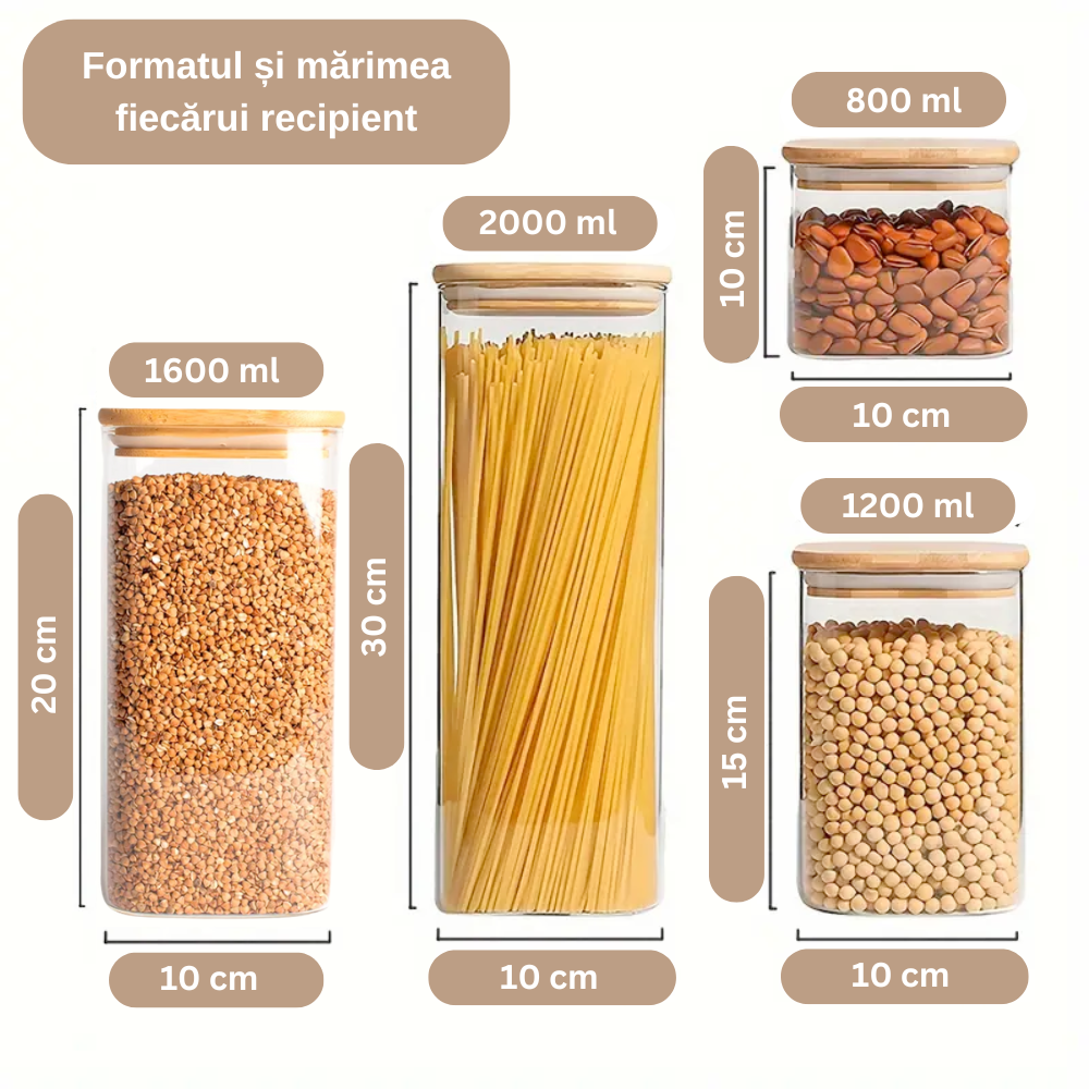 Set of 5 square borosilicate glass containers, in various sizes, with Koken airtight bamboo lids - ideal for storing dry foods and grains.