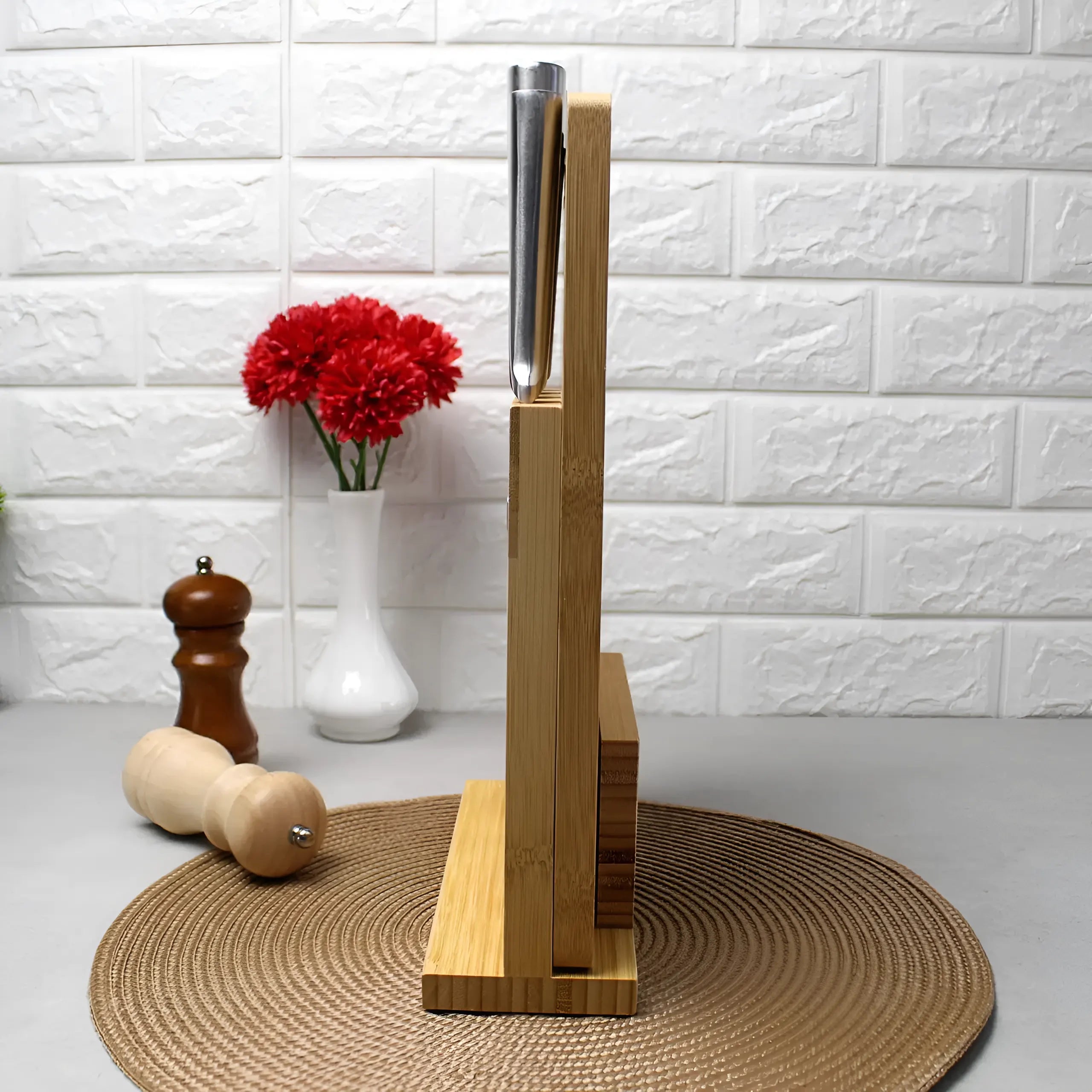 Set universal 5 cutite otel inoxidabil pentru bucatarie Koken cu suport si tocator din bambus, ultra-ascutite, 7 piese