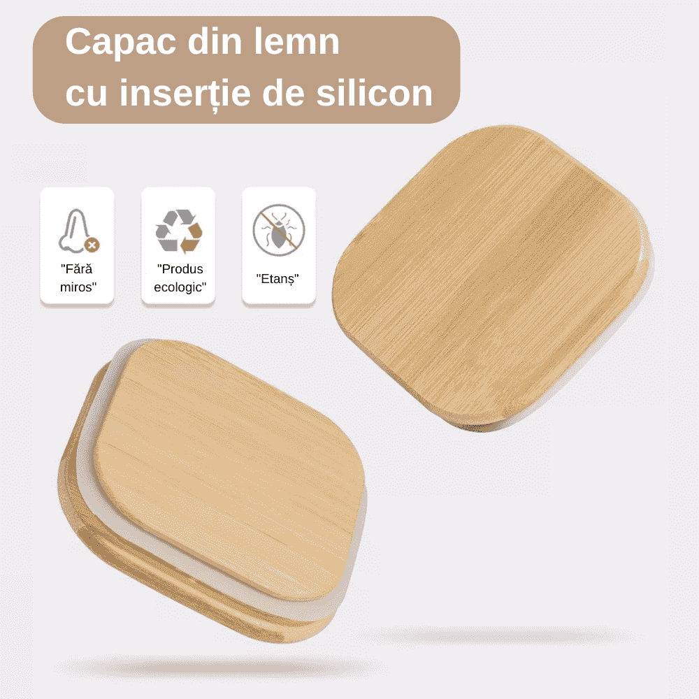 Recipient depozitare alimente, borcan de sticla cu capac etans de 1, 6 L, Koken cutie depozitare alimentara, Forma Patrata, Sticla Borosilicata/Capac Bambus, Transparent + Autocolante si markere