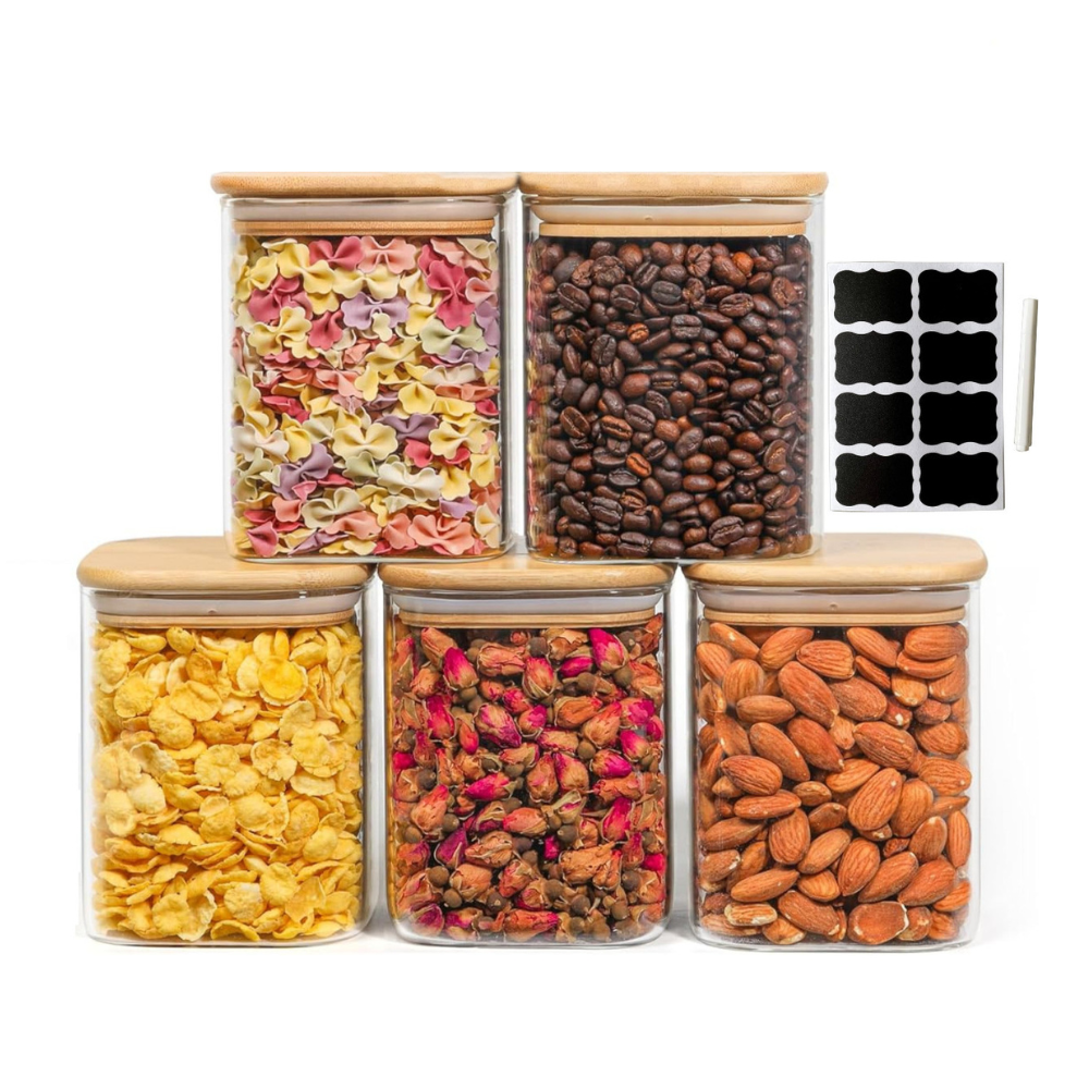 Set of 5 square borosilicate glass containers, in various sizes, with Koken airtight bamboo lids - ideal for storing dry foods and grains.