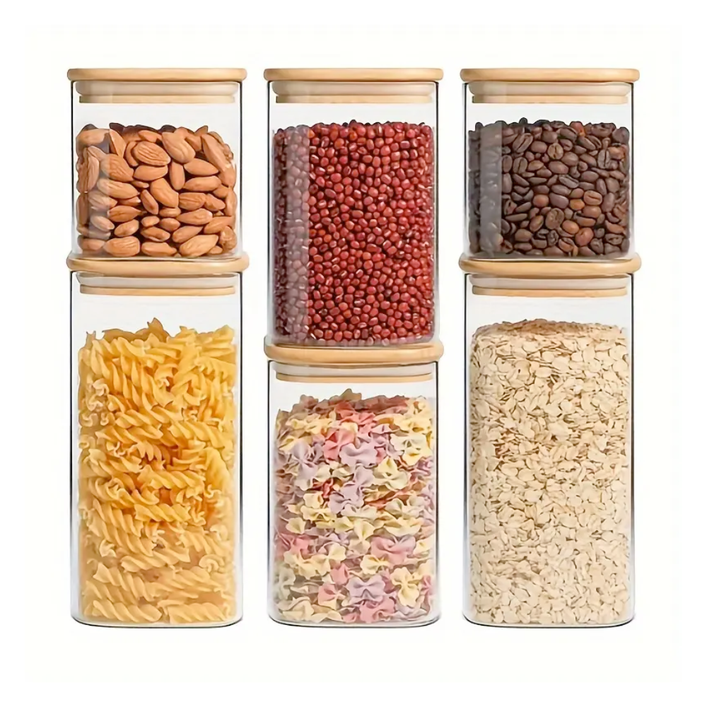 Set of 8/6/5 Square Borosilicate Glass Containers with Airtight Bamboo Lids Koken, for Dry Food and Grain Storage,