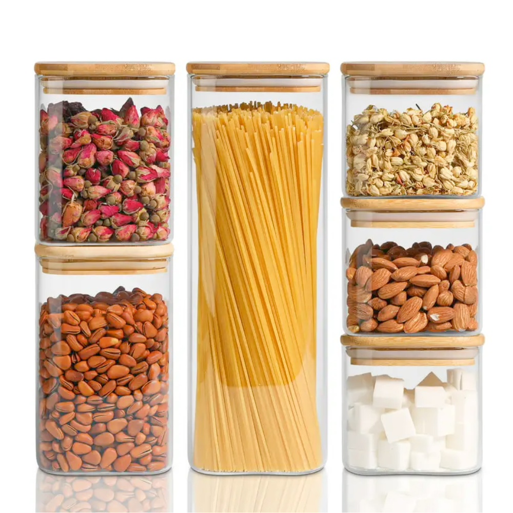 Set of 8/6/5 Square Borosilicate Glass Containers with Airtight Bamboo Lids Koken, for Dry Food and Grain Storage,