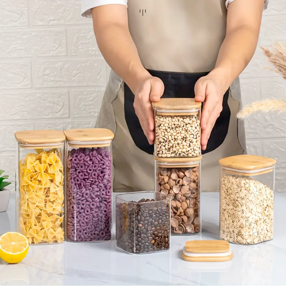 Set of 5 square borosilicate glass containers, in various sizes, with Koken airtight bamboo lids - ideal for storing dry foods and grains.