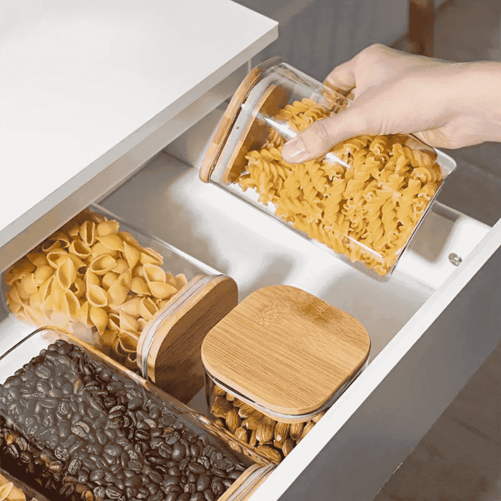 Set 14 Recipiente pătrate din sticlă borosilicată cu capac din bambus etanș Koken, pentru depozitarea alimentelor uscate și cerealelor