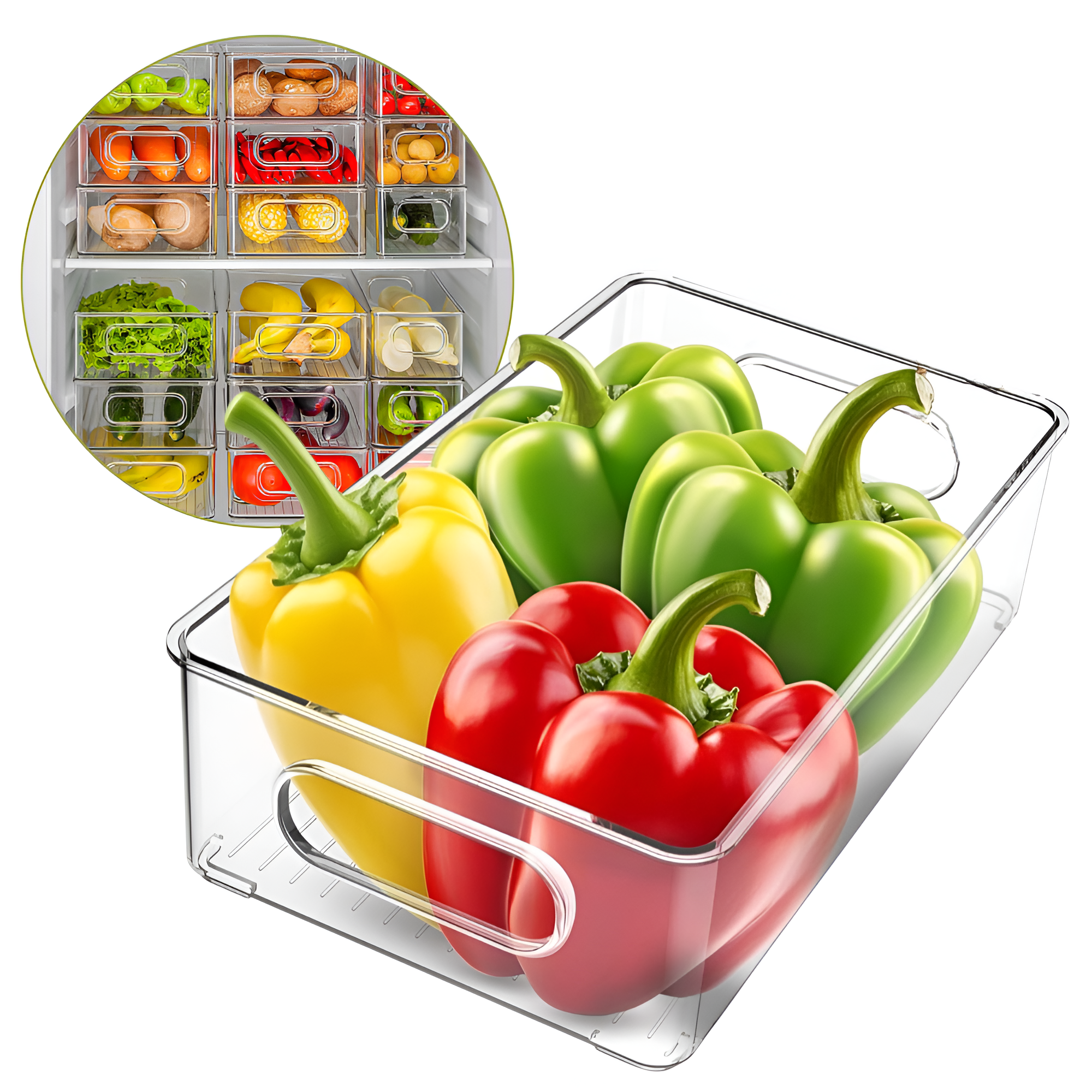 Set Cutii de depozitare Koken, pentru frigider, birou, bucatarie, pot fi si suprapuse, transparente si usor de curatat, 25,5 x 15 x 7,5 cm