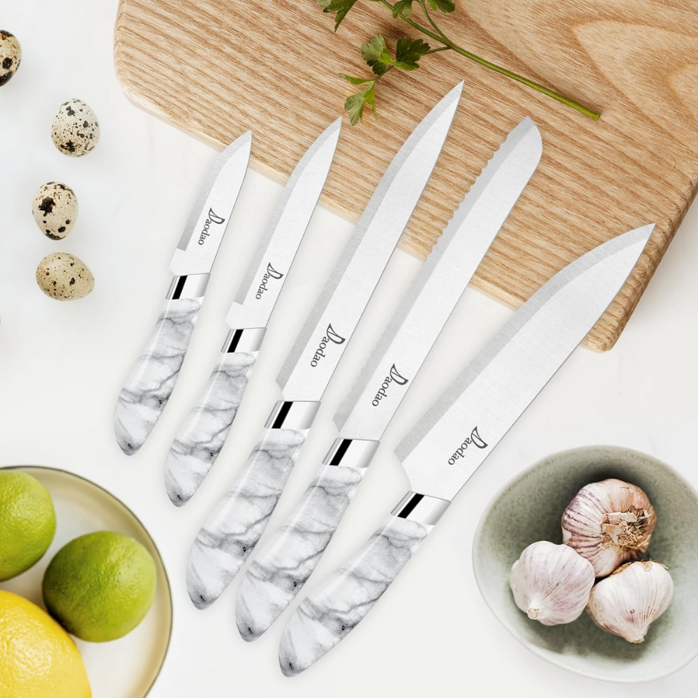 Koken Kitchen Knife Set, 6 Pieces Stainless Steel with Clear Acrylic Holder, Ultra-Sharp Knives with Marbled Design and Ergonomic Handles, White