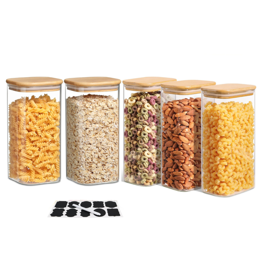 Set of 5 square borosilicate glass containers, in various sizes, with Koken airtight bamboo lids - ideal for storing dry foods and grains.