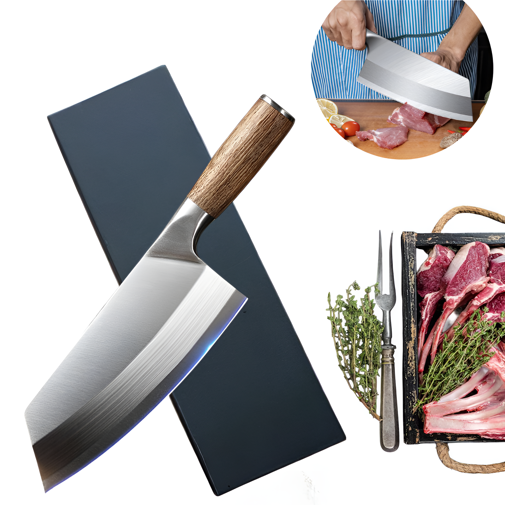 Cutit de bucatarie Satar japonez universal Koken, Otel inoxidabil german de inalta calitate, Lama de 20 cm Full Tang cu duritate 56±HRC, Taiere precisa si rezistenta indelungata, Maner ergonomic Lemn