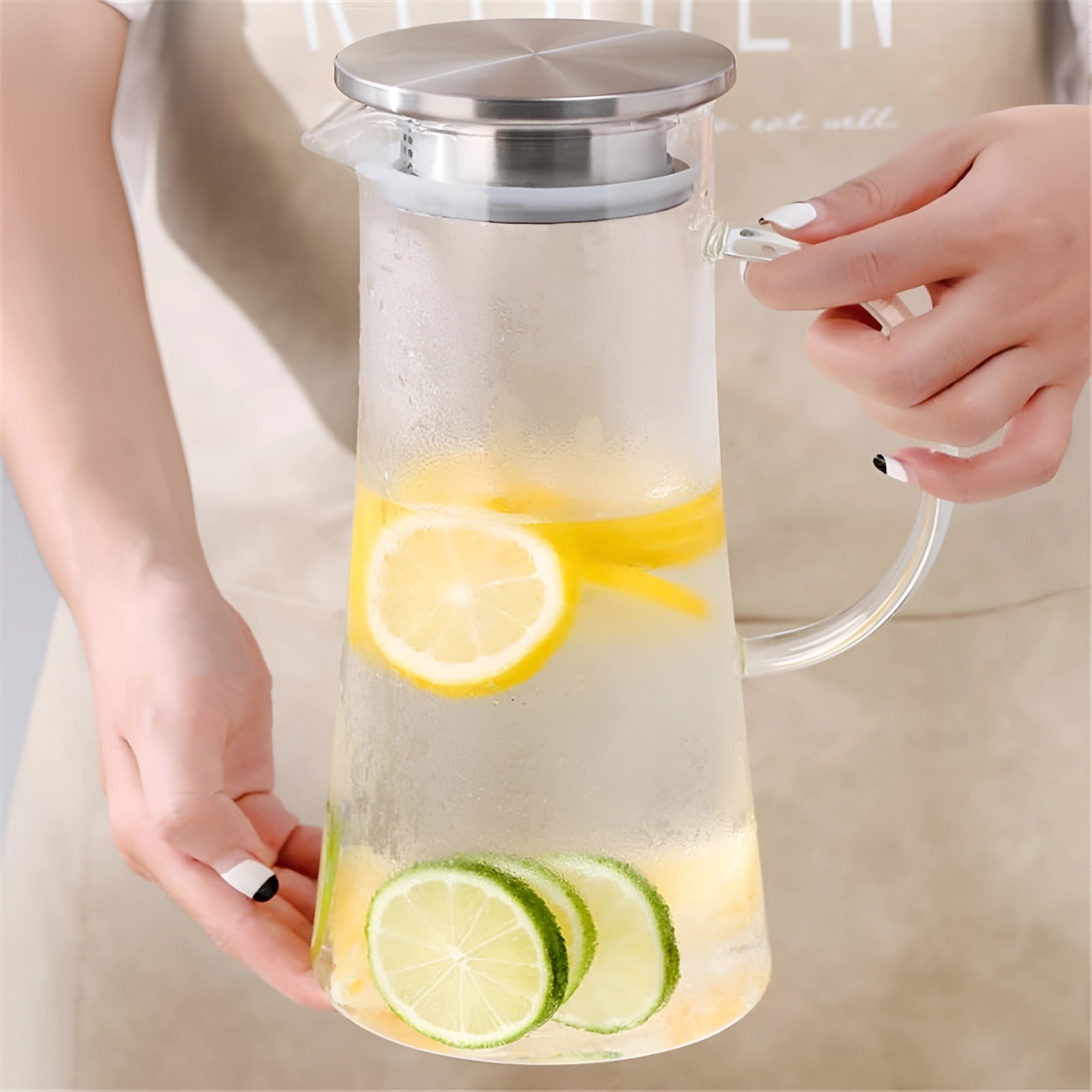 Carafa din sticla borosilicata 1,2 L Koken, Calitate Premium, capac din inox, pentru apa, sucuri, limonada, termorezistenta de la -20°C pana la +150°C, Transparenta