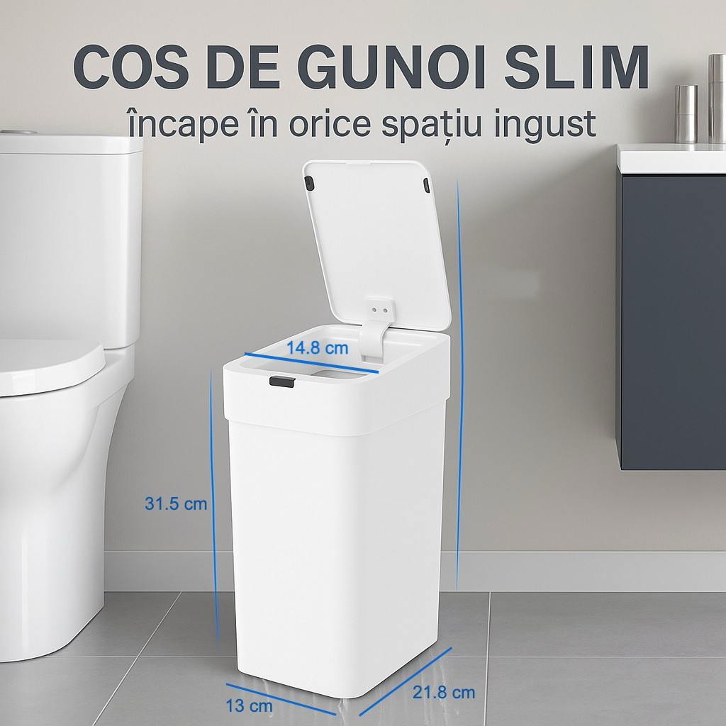 Cos de gunoi cu senzor de miscare infrarosu, 9 L, Koken Capac automat anti-miros, silentios, Rezistent la apa IPX5, Design elegant slim, Cos gunoi bucatarie, baie, dormitor, 21.8x13x31.5 cm, Alb - 1 | YEO