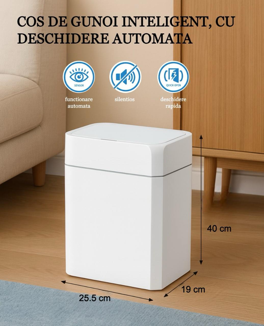 Cos de gunoi cu senzor de miscare infrarosu Koken, 18 L, Cos gunoi bucatarie, capac automat anti-miros, silentios, Rezistent la apa IPX5, Design elegant, 25.5x19x40 cm, Alb - 1 | YEO