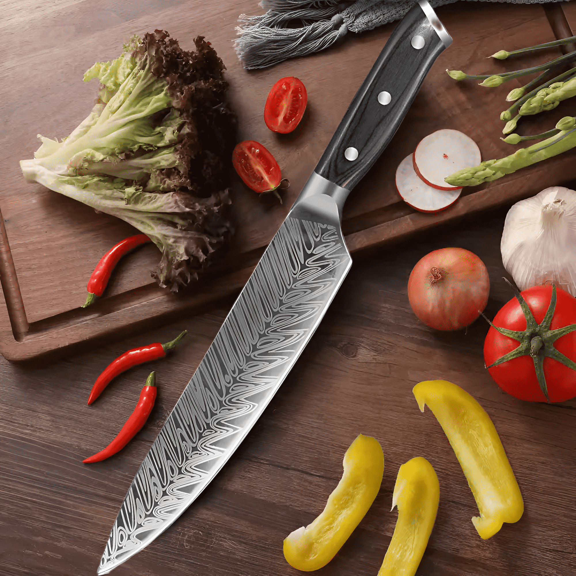 Cutit Profesional de bucatarie model Damasc, Koken, Lama de 21 cm din otel cu continut ridicat de carbon, 34.5 cm, Maner ergonomic din Lemn - 6 | YEO