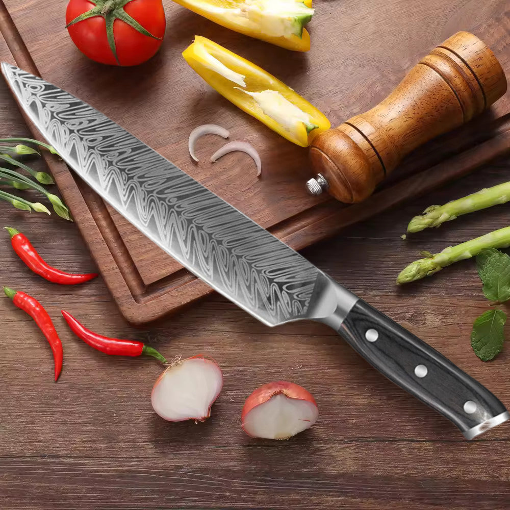 Koken Damascus Steel Professional Kitchen Knife, High Carbon Blade, 21 cm, Wooden Handle