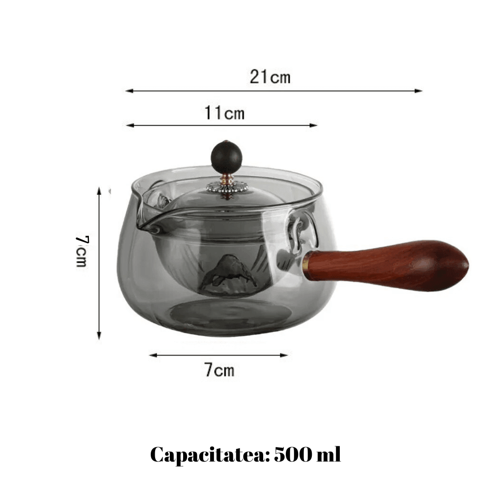 Ceainic japonez cu infuzor Koken, ceainic din Sticla borosilicată rotativ la 360 de grade cu mâner lateral Lemn, 500 ml, Rezistent la temperaturi extreme 150℃, - 1 | YEO