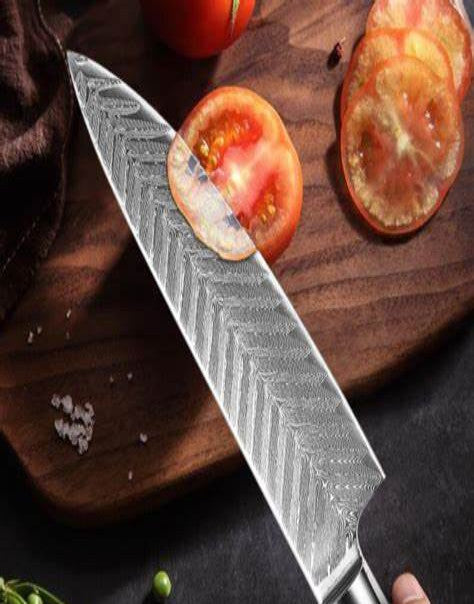 Koken Damascus Steel Professional Kitchen Knife, High Carbon Blade, 21 cm, Wooden Handle