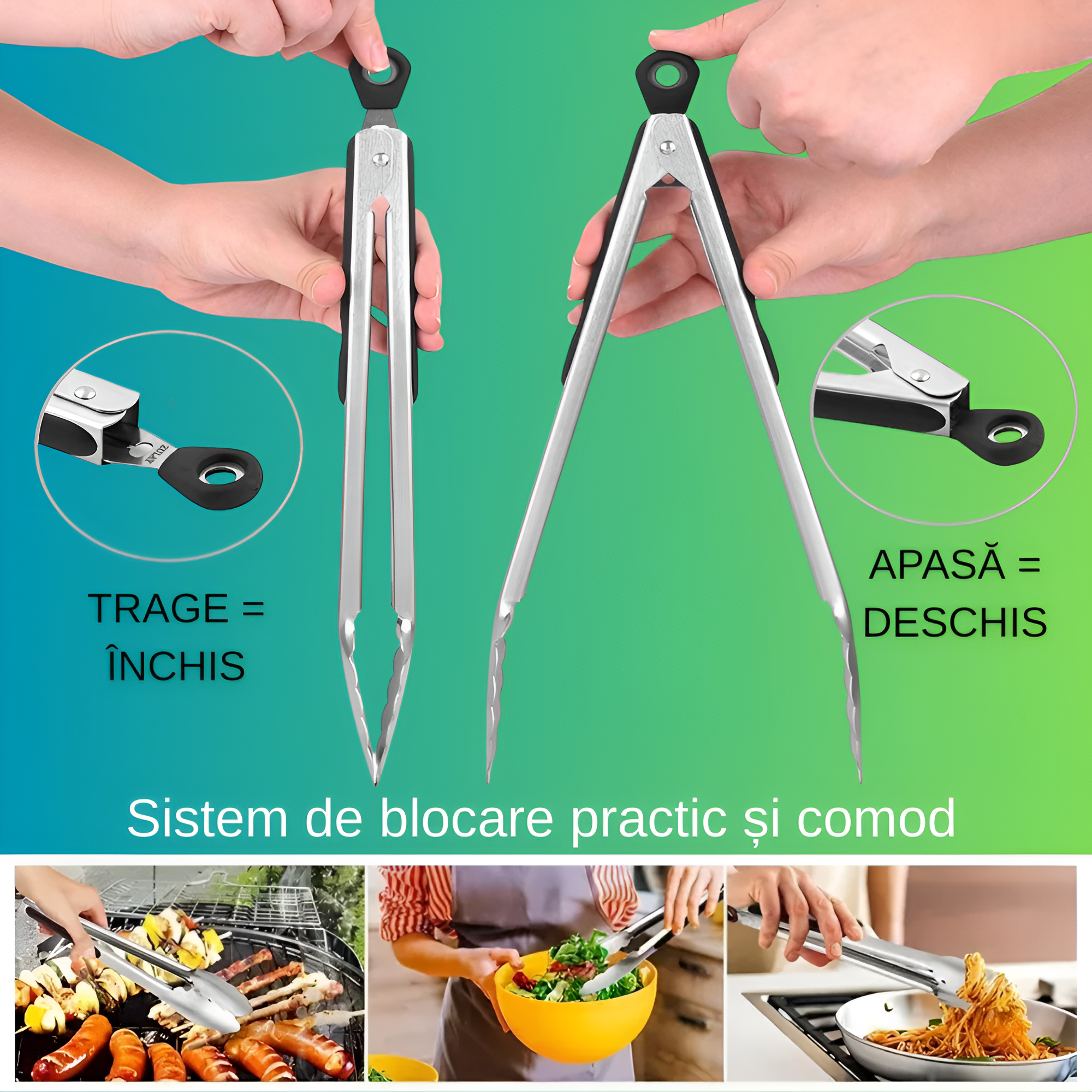 Cleste profesional pentru gratar si bucatarie Koken, Otel inoxidabil/Silicon, Maner Antialunecare, Blocare Practica, gătește și servește cu ușurință, 34,5 x 3,8 cm, Negru/Argintiu - 1 | YEO