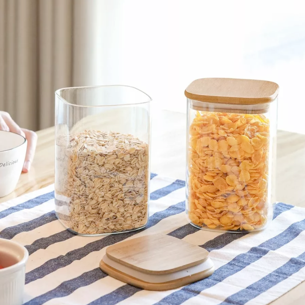 Set of 5 square borosilicate glass containers, in various sizes, with Koken airtight bamboo lids - ideal for storing dry foods and grains.