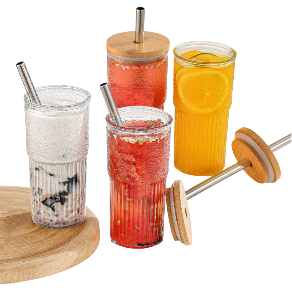 Koken Cup Set with Lids and Straws, Glass/Bamboo/Stainless Steel, for Soft Drinks, Resistant to High and Low Temperatures, 500 ml, Transparent/Wood