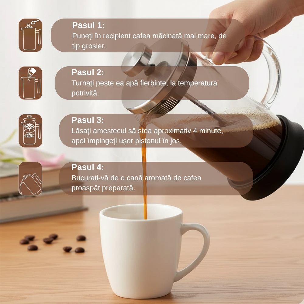 Cafetiera Cu Piston Pentru Cafea Si Ceai Koken, Presa franceza cu infuzor 1000 ML, sticlă borosilicată termorezistentă și oțel inoxidabil 304, -20 ℃ +130 ℃, Infuzor pentru ceai cu 3 Filtre, Fara BPA - 2 | YEO