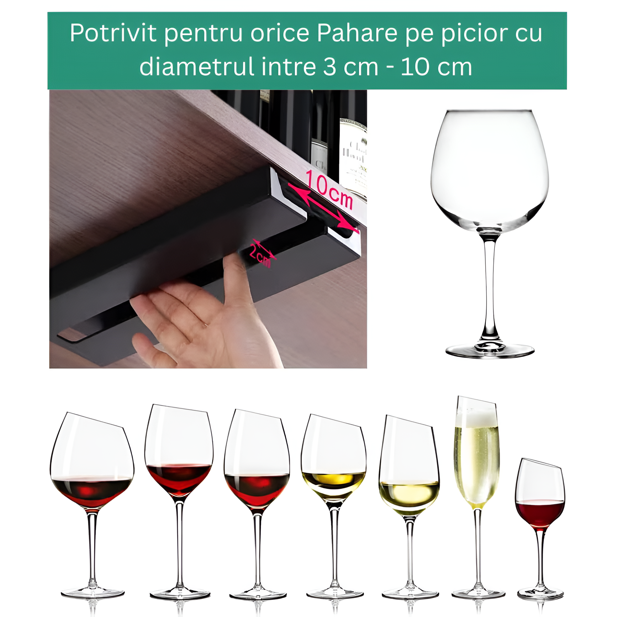 Suport suspendat pentru pahare cu picior Koken, potrivit pentru diverse tipuri de pahare, 2 x 11x 25 cm, Plastic/Negru - 6 | YEO