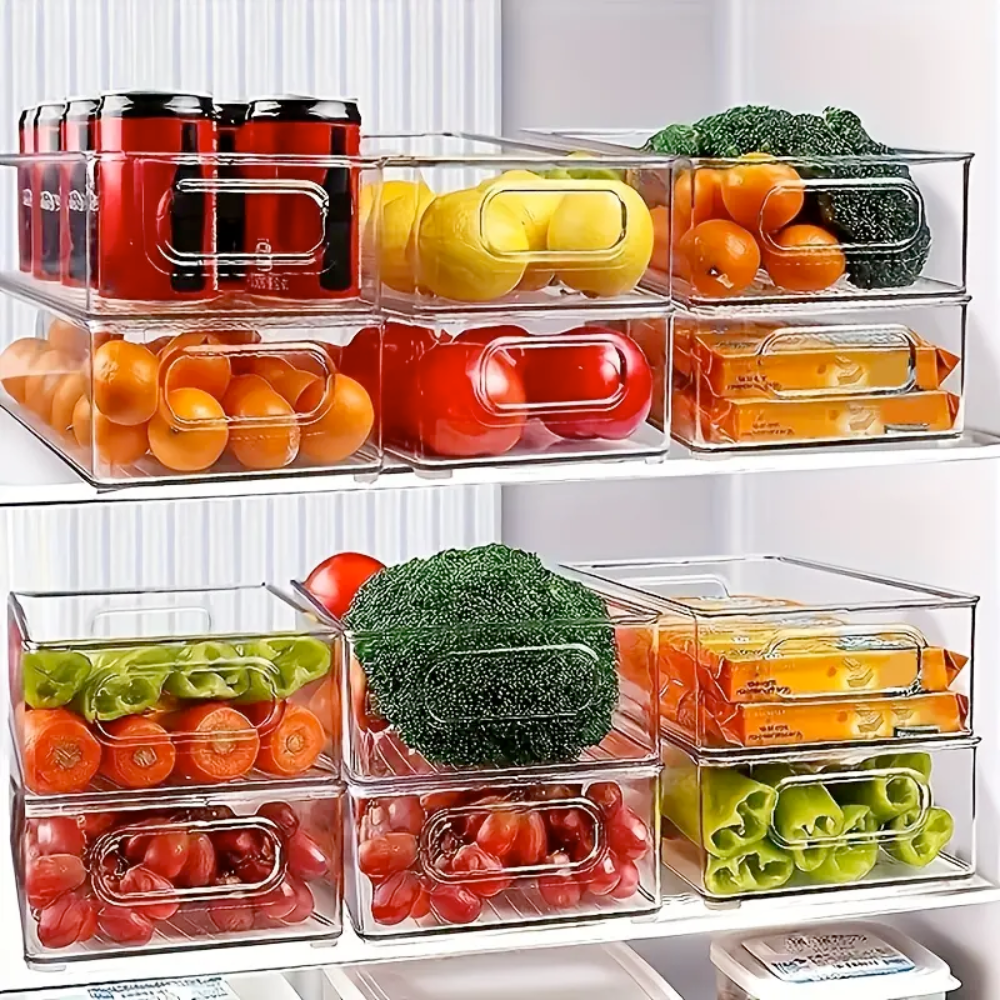 Koken storage box with removable dividers, for refrigerator, office, kitchen, transparent and easy to clean, 31.6 x 23.7 x 9.7 cm