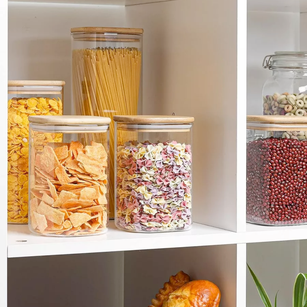 Set of 5 square borosilicate glass containers, in various sizes, with Koken airtight bamboo lids - ideal for storing dry foods and grains.