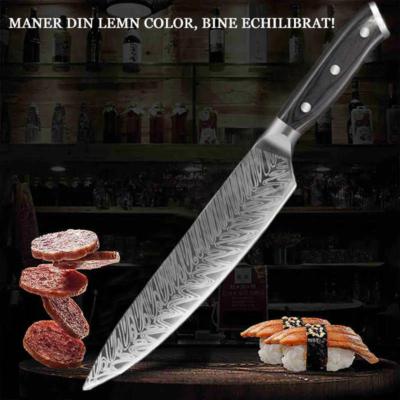 Koken Damascus Steel Professional Kitchen Knife, High Carbon Blade, 21 cm, Wooden Handle