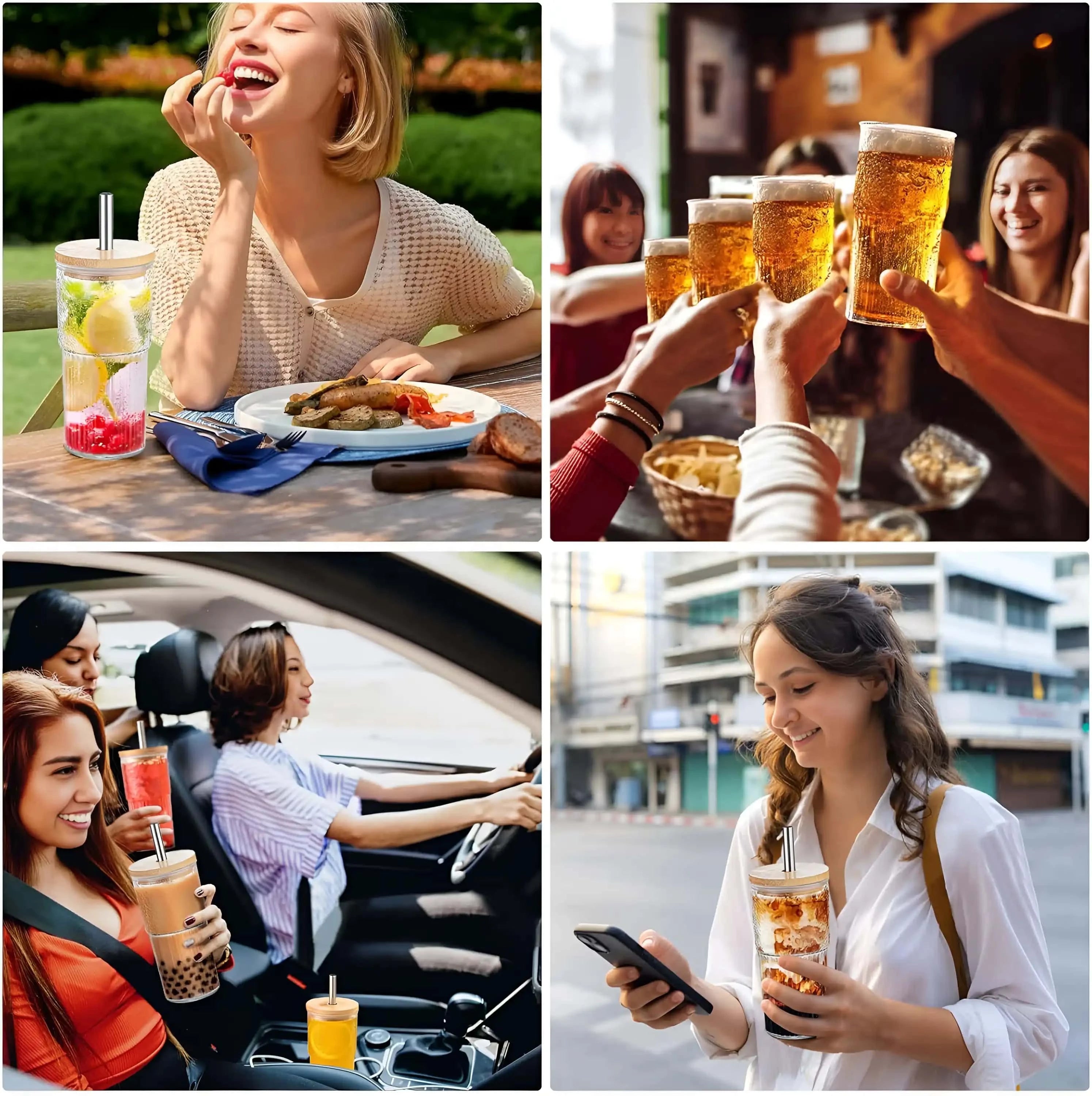 Set pahare cu capace si paie Koken, Sticla/Bambus/Otel Inoxidabil,pentru Bauturi racoritoare, Rezistent la temperaturi inalte si joase, 500 ml, Transparent/Lemn