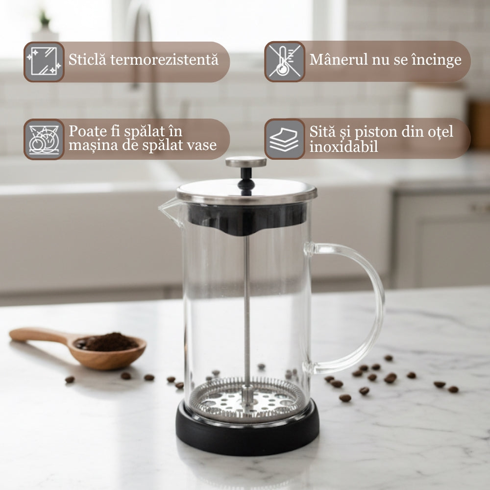 Cafetiera Cu Piston Pentru Cafea Si Ceai Koken, Presa franceza cu infuzor 1000 ML, sticlă borosilicată termorezistentă și oțel inoxidabil 304, -20 ℃ +130 ℃, Infuzor pentru ceai cu 3 Filtre, Fara BPA - 4 | YEO