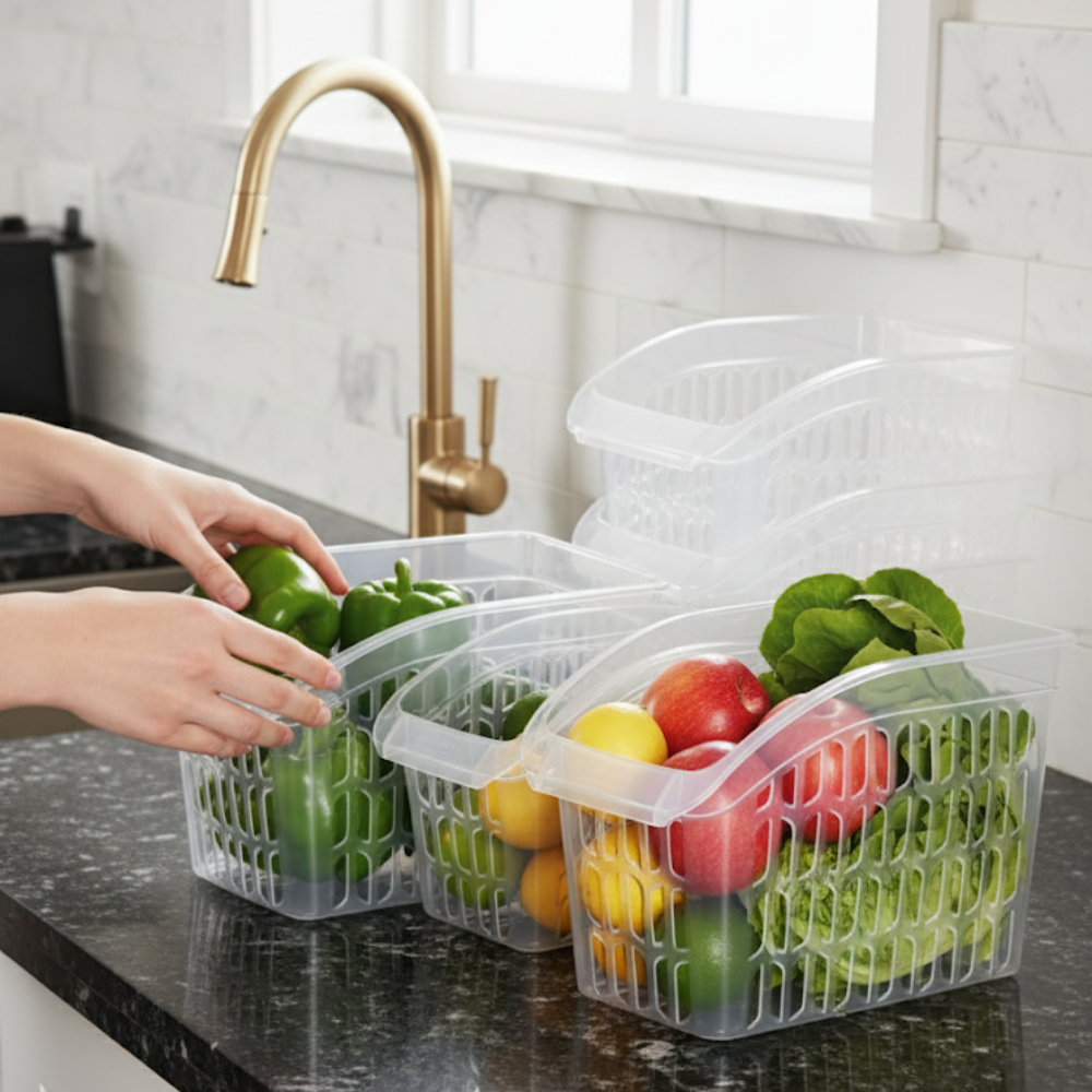 Organizator Frigider Koken, plastic PP, BPA free, cutie pentru cămară, baie, frigider, Multifunctional, 1 Compartiment principal, Potrivit Mașina de Spălat Vase, Transparent, 2 dimensiuni disponibile - 5 | YEO