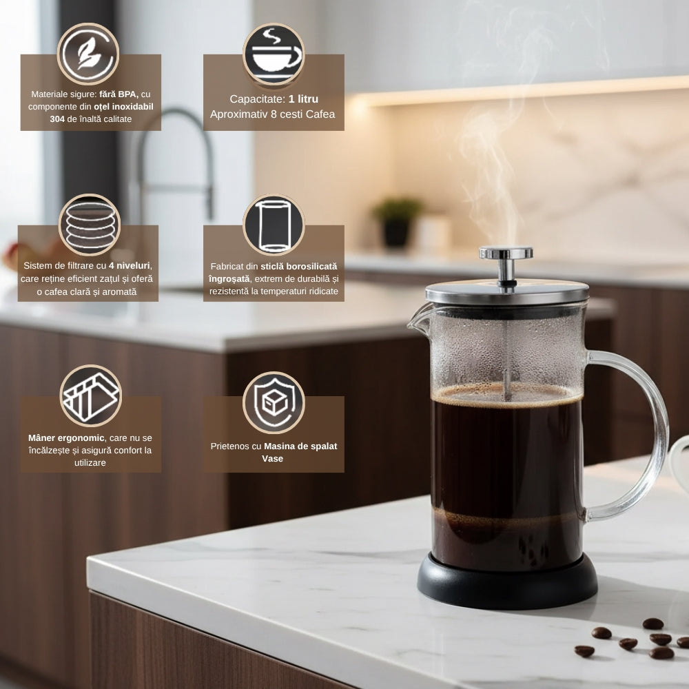 Cafetiera Cu Piston Pentru Cafea Si Ceai Koken, Presa franceza cu infuzor 1000 ML, sticlă borosilicată termorezistentă și oțel inoxidabil 304, -20 ℃ +130 ℃, Infuzor pentru ceai cu 3 Filtre, Fara BPA - 3 | YEO