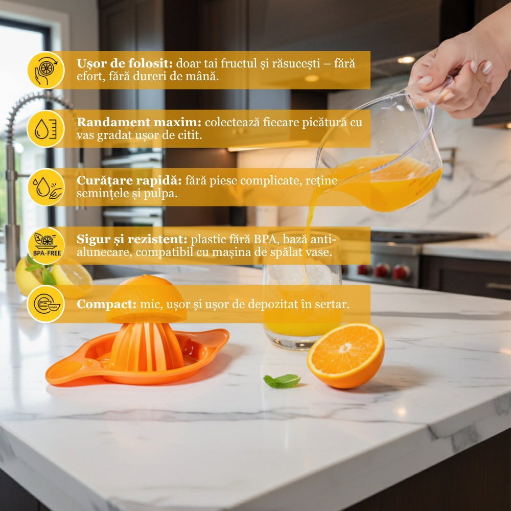 Storcator manual de citrice Koken, Plastic PP, BPA Free, Presa robusta de citrice pentru sucuri, Cu Vas Colector si Sita, Galben - 2 | YEO