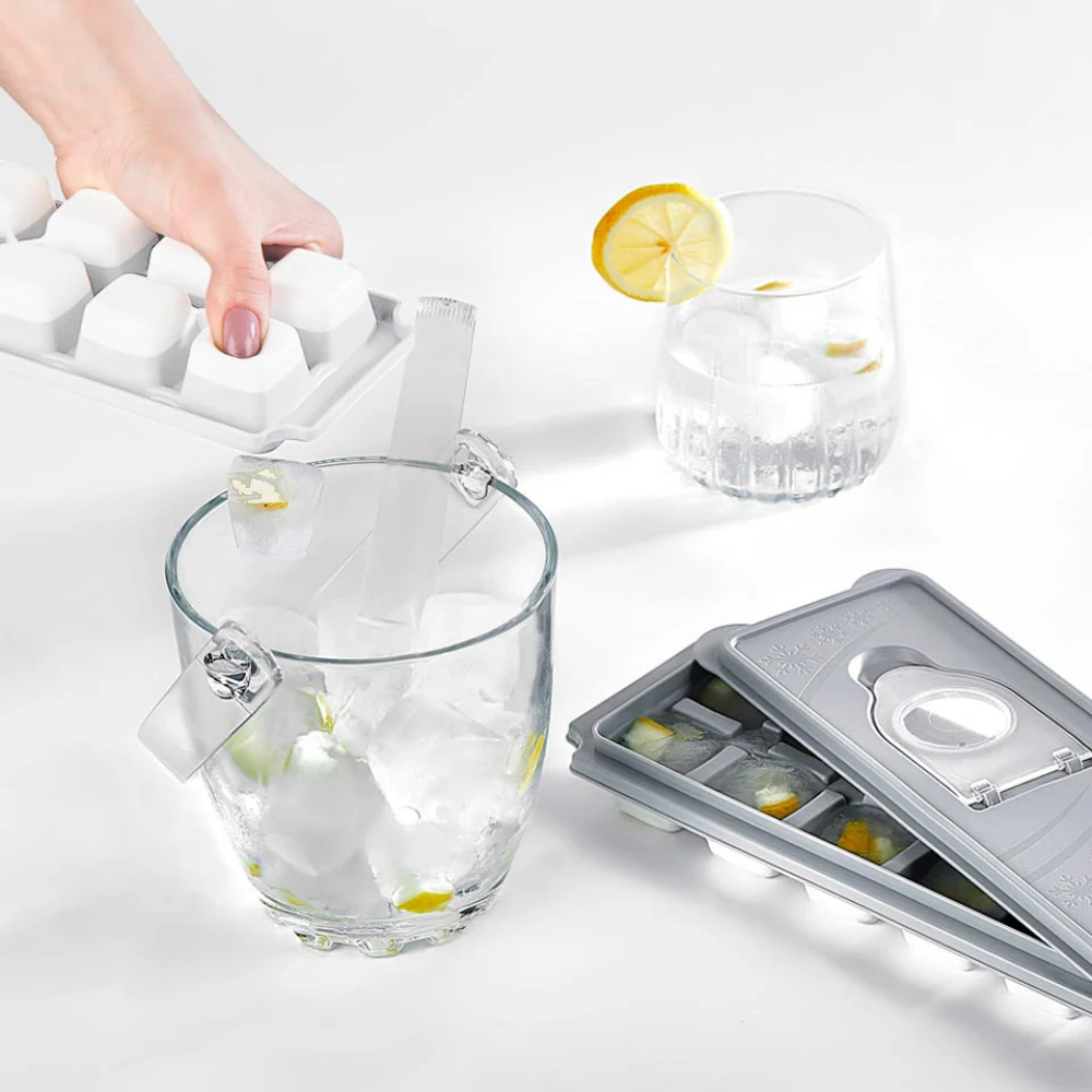 Forma Pentru Cuburi De Gheata Koken, Matrita din Plastic PP, Silicon alimentar, 12 cuburi, Capac cu deschidere suplimentara pentru apa, BPA Free, Gri, 9.5 x 27 x 3.5, - 2 | YEO