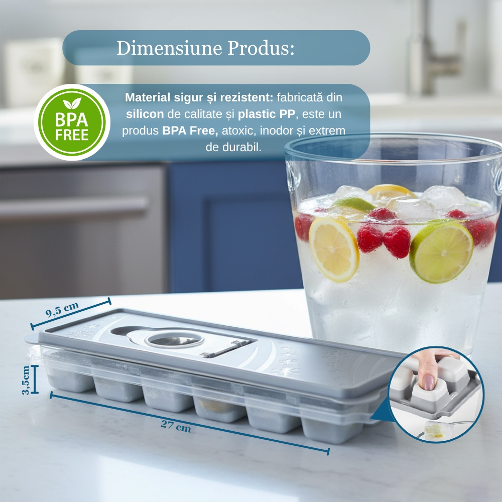 Forma Pentru Cuburi De Gheata Koken, Matrita din Plastic PP, Silicon alimentar, 12 cuburi, Capac cu deschidere suplimentara pentru apa, BPA Free, Gri, 9.5 x 27 x 3.5, - 1 | YEO