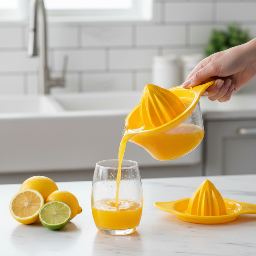 Storcator manual de citrice Koken, Plastic PP, BPA Free, Presa robusta de citrice pentru sucuri, Cu Vas Colector si Sita, Galben - 5 | YEO