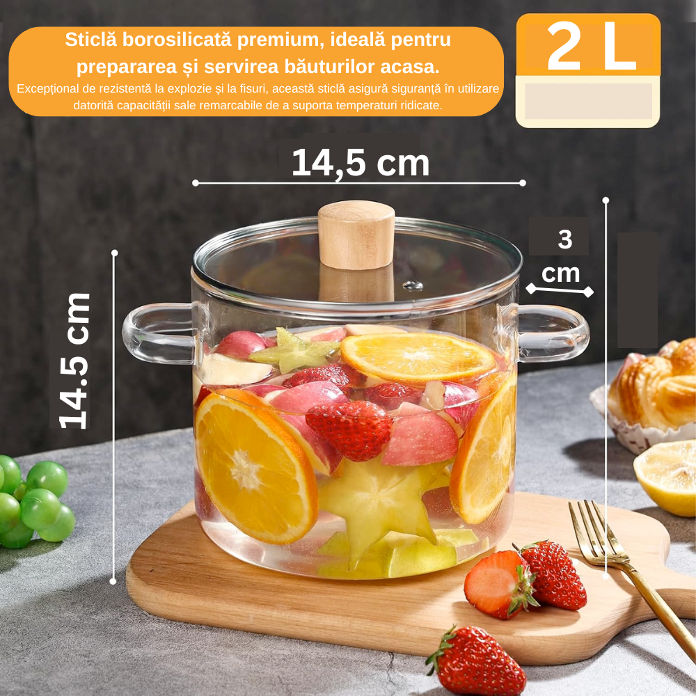 2L Borosilicate Glass Pot for Gas Stove, with Lid and Koken Handles, Heat Resistance 130 °C, Durable Saucepan, Transparent Glass/Wood