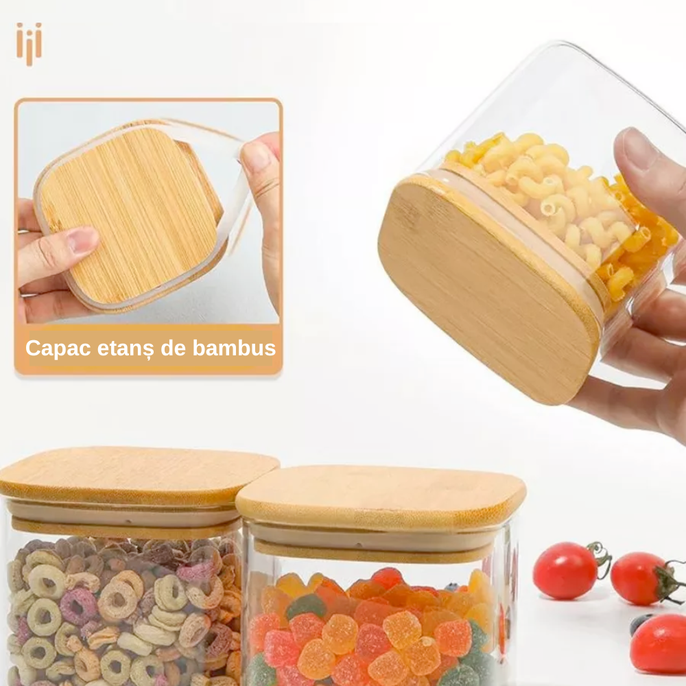 Set of 5 square borosilicate glass containers, in various sizes, with Koken airtight bamboo lids - ideal for storing dry foods and grains.