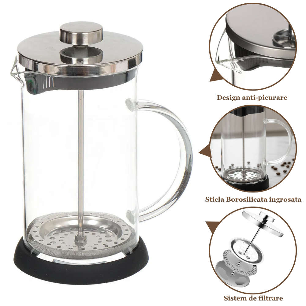 Cafetiera Cu Piston Pentru Cafea Si Ceai Koken, Presa franceza cu infuzor 1000 ML, sticlă borosilicată termorezistentă și oțel inoxidabil 304, -20 ℃ +130 ℃, Infuzor pentru ceai cu 3 Filtre, Fara BPA - 7 | YEO