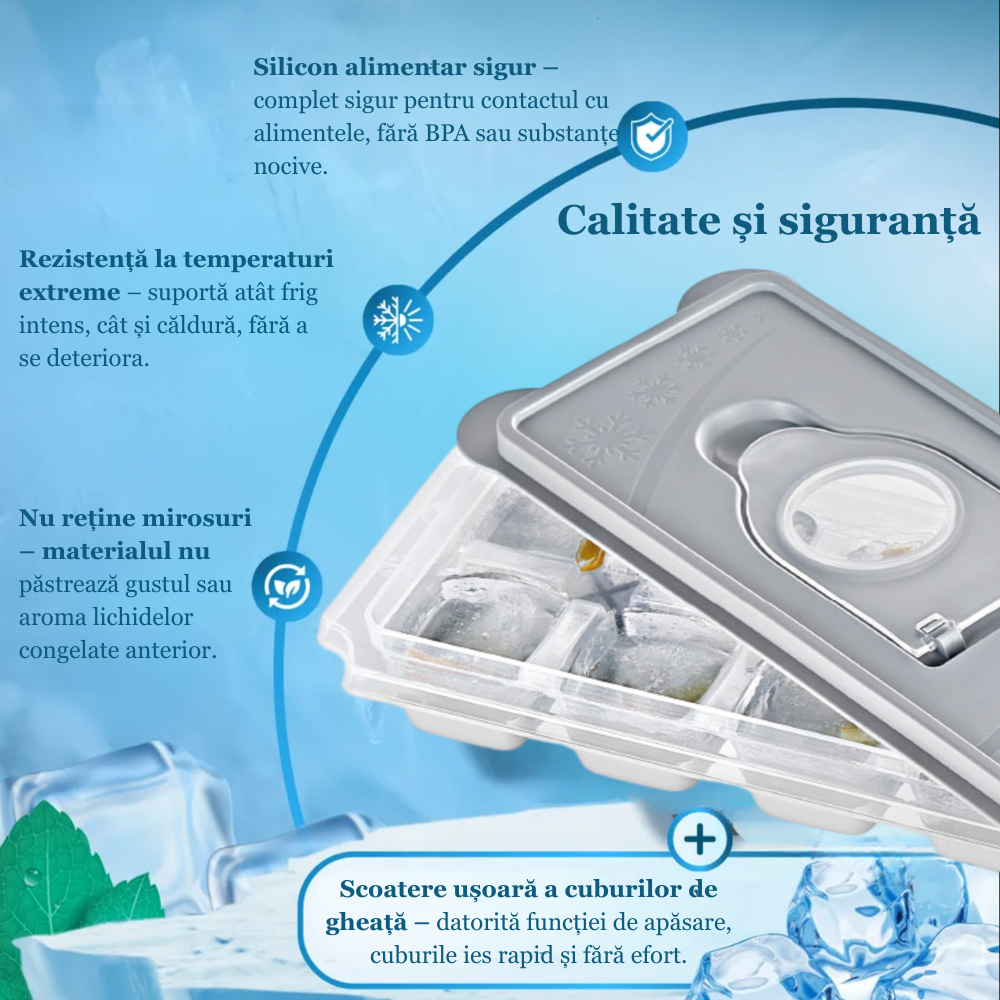 Forma Pentru Cuburi De Gheata Koken, Matrita din Plastic PP, Silicon alimentar, 12 cuburi, Capac cu deschidere suplimentara pentru apa, BPA Free, Gri, 9.5 x 27 x 3.5, - 3 | YEO
