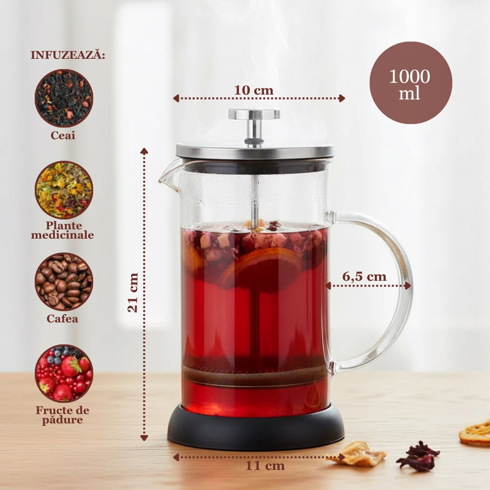 Cafetiera Cu Piston Pentru Cafea Si Ceai Koken, Presa franceza cu infuzor 1000 ML, sticlă borosilicată termorezistentă și oțel inoxidabil 304, -20 ℃ +130 ℃, Infuzor pentru ceai cu 3 Filtre, Fara BPA - 1 | YEO