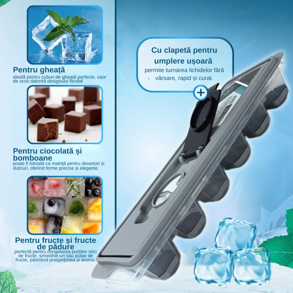 Forma Pentru Cuburi De Gheata Koken, Matrita din Plastic PP, Silicon alimentar, 12 cuburi, Capac cu deschidere suplimentara pentru apa, BPA Free, Gri, 9.5 x 27 x 3.5, - 5 | YEO