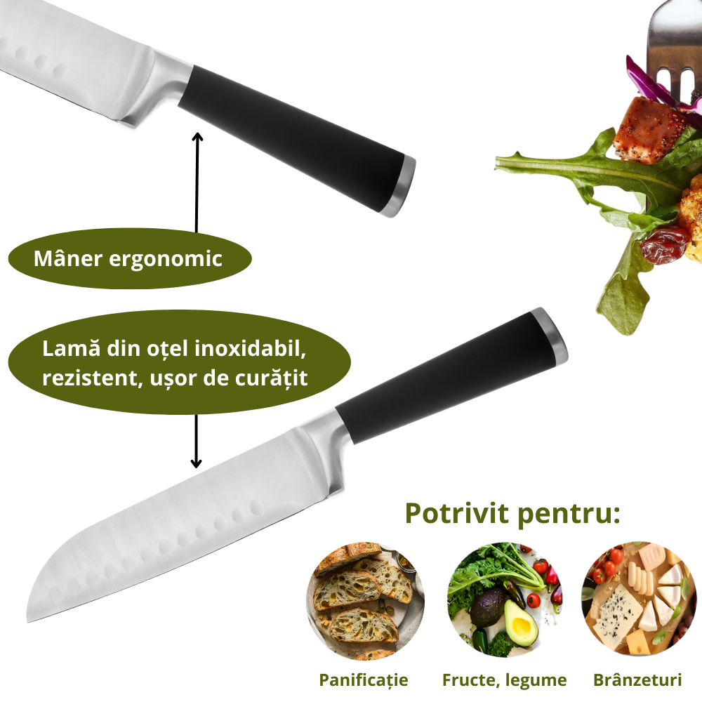 Cutit japonez de bucatarie model Santoku, Koken, otel inoxidabil, maner soft-touch, versatil in utilizare, 20 cm - 3 | YEO