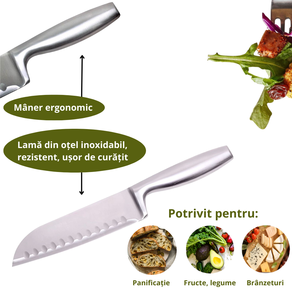 Cutit japonez de bucatarie model Santoku, otel inoxidabil, maner soft-touch, versatil in utilizare, 20 cm, Argintiu - 3 | YEO