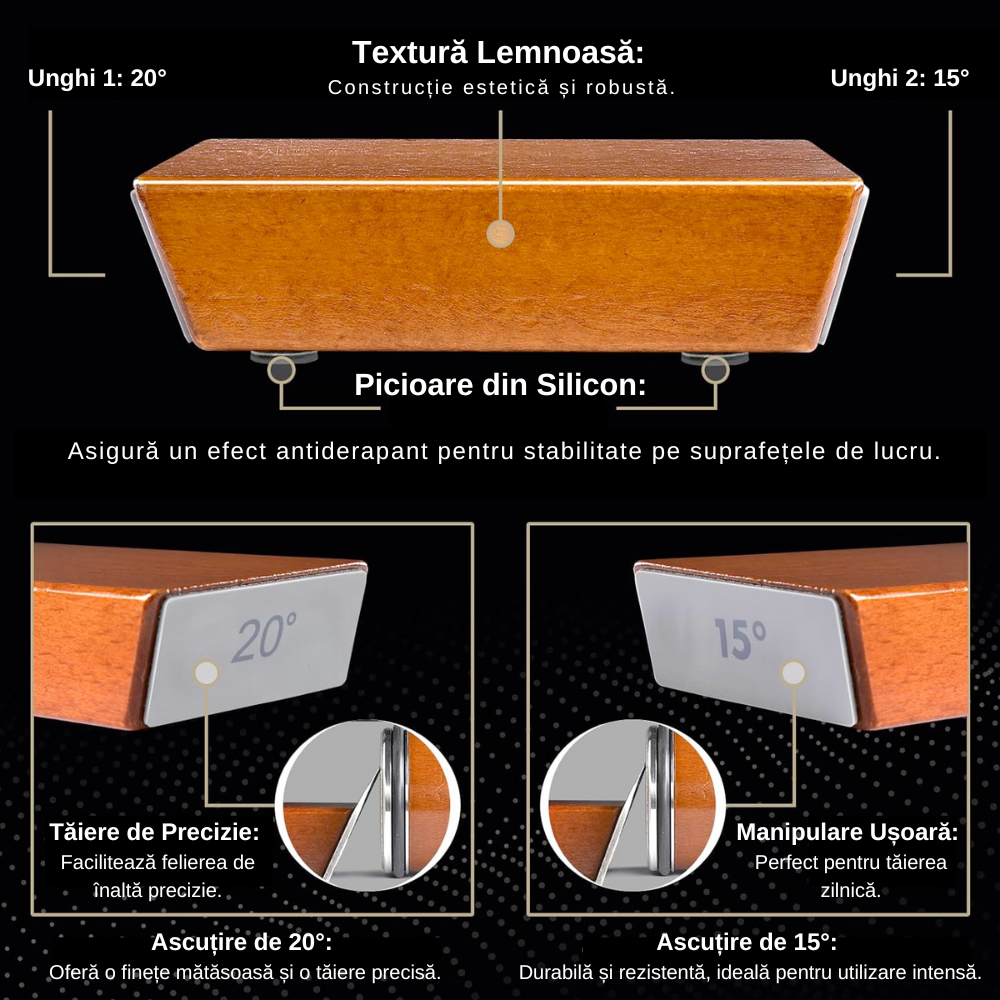 Kit de Ascuțire cuțite cu Sistem de Rulare Koken, Piatră de Ascuțit diamantata, 2 unghiuri 15°/20°, Lemn - 4 | YEO