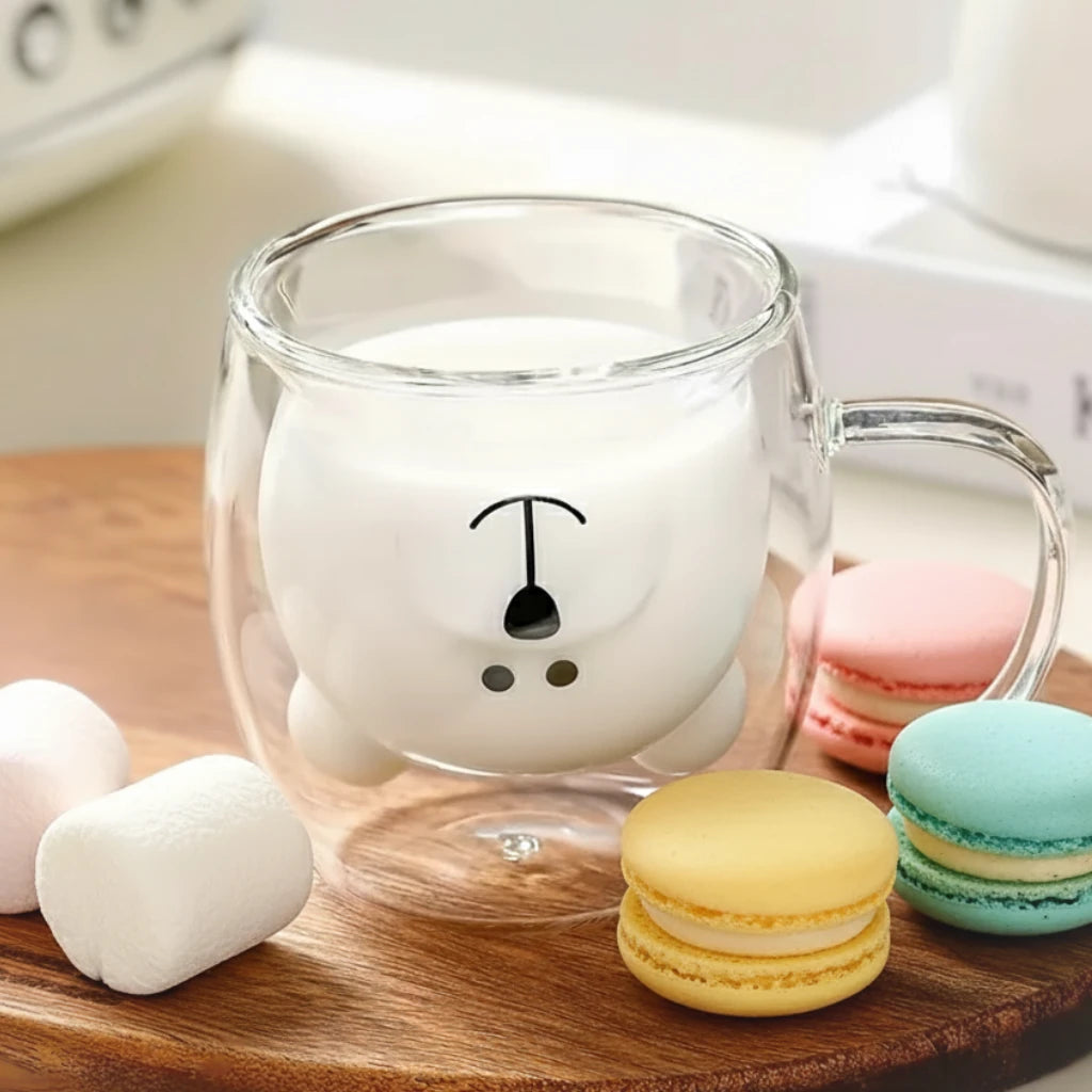 Cana termorezistenta Koken, sticla cu perete dublu 260ml, in forma de urs, sticla borosilicata, pentru bauturi calde/reci, Transparenta